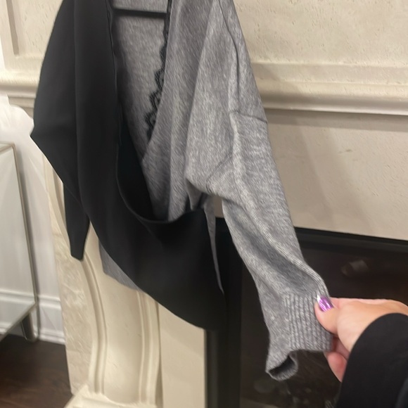 Black and grey lace trimmed criss cross thin sweater. Size large. Never worn. - Picture 5 of 6